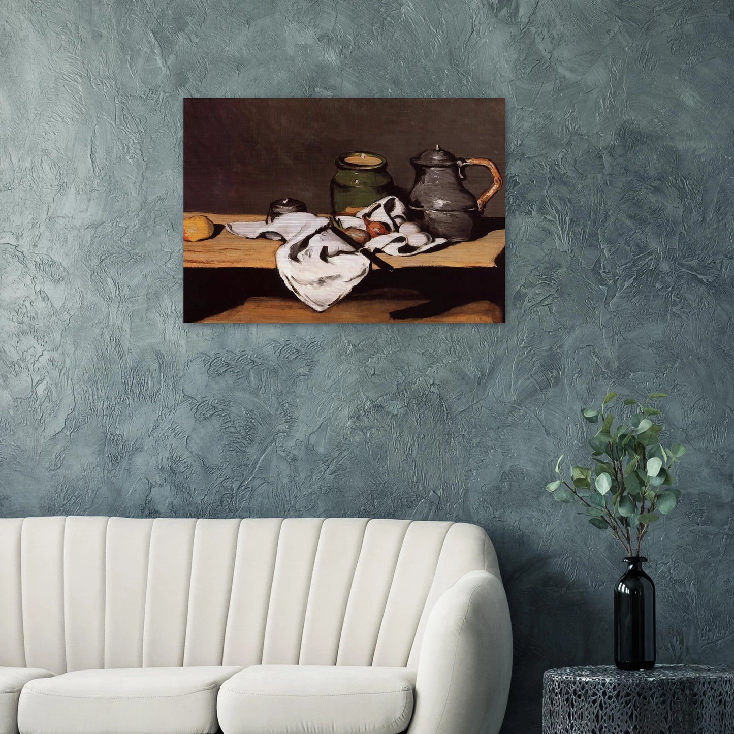 Still Life with Green Pot and Pewter Jug - Paul Cézanne Brushed Aluminum Print - 70x100 cm / 28x40 inches | Paul Cézanne Aluminum Print | Paul Cézanne Prints