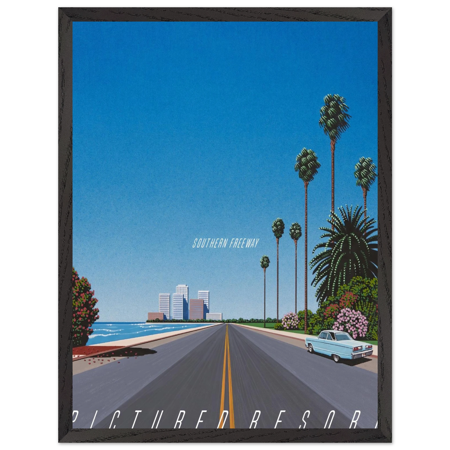 Hiroshi Nagai - Southern Freeway Pictured Resort Wall Art - 21x29.7 cm / 8x12" - Premium Wooden Framed Poster With Fine Art Paper - Black frame