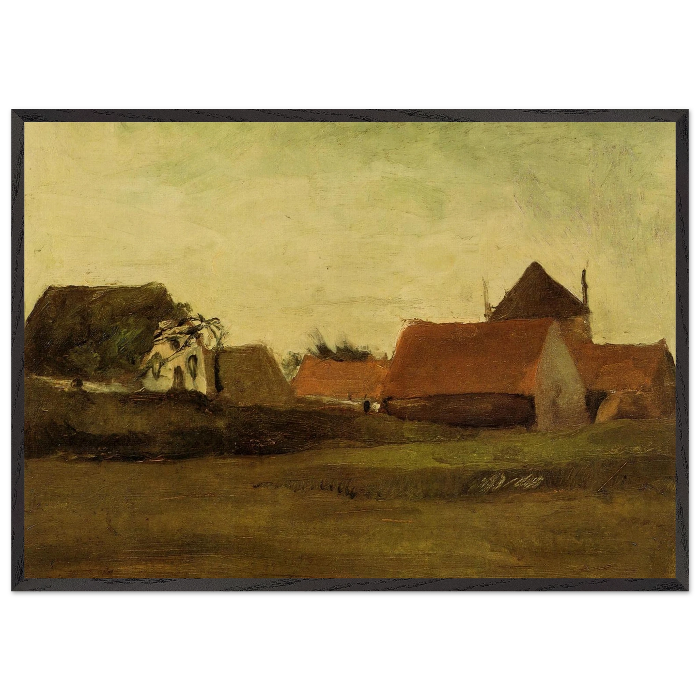 Farmhouses in Loosduinen near The Hague at Twilight - Vincent van Gogh 70x100 cm / 28x40 inches Framed Art Print – Black Wooden Frame