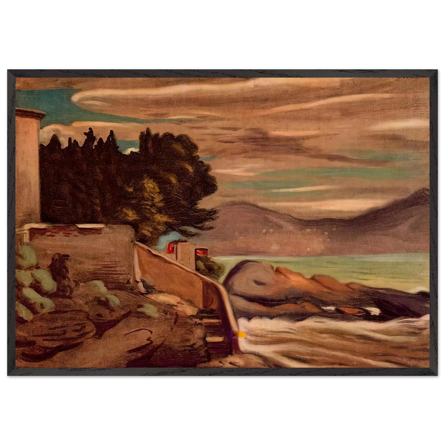 LANDSCAPE NEAR GENOVA - Giorgio de Chirico 70x100 cm / 28x40 inches Framed Art Print – Black Wooden Frame