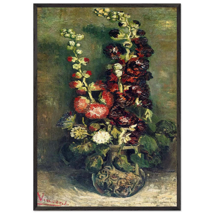Vase of Hollyhocks - Vincent van Gogh 70x100 cm / 28x40 inches Framed Art Print – Black Wooden Frame
