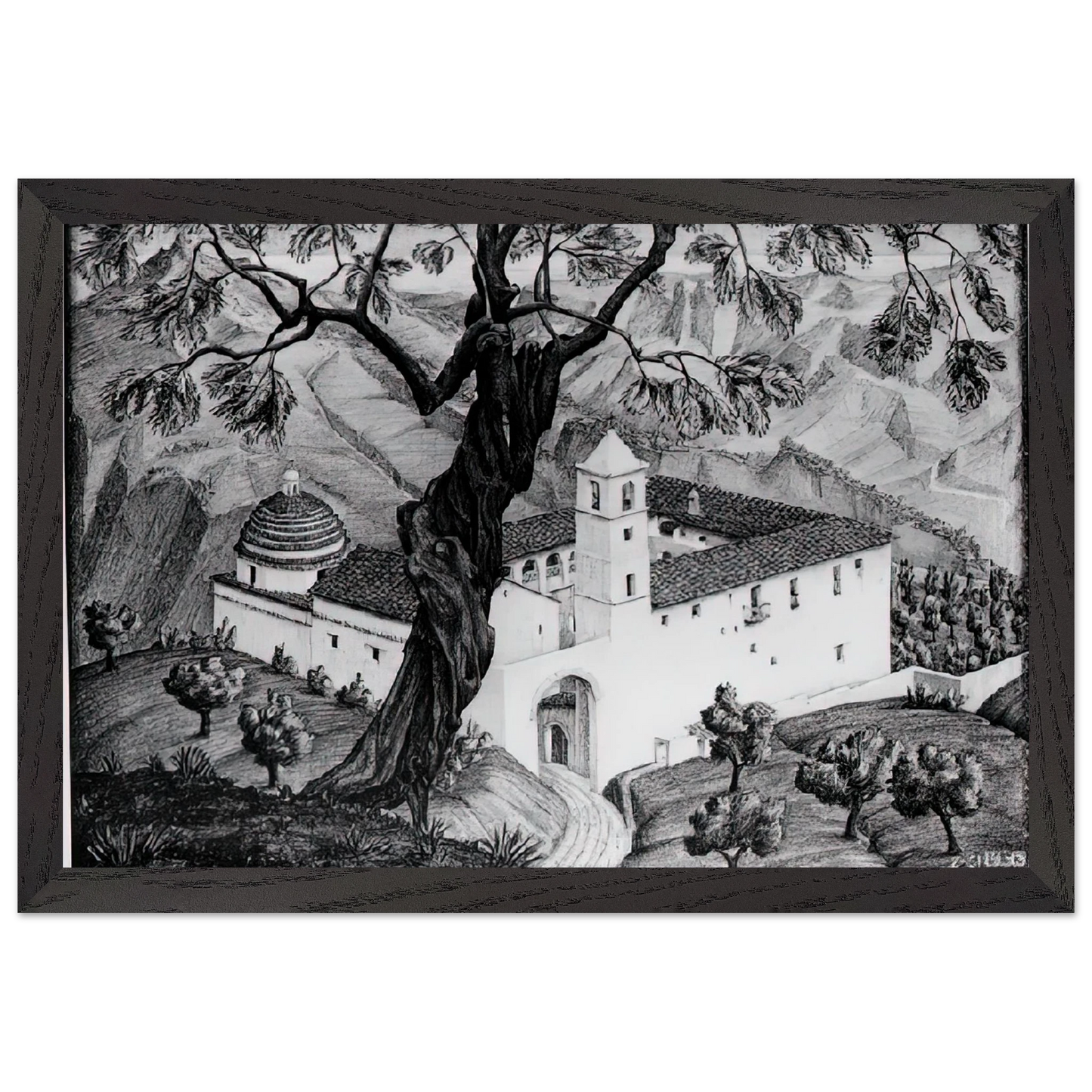 MC Escher - CLOISTER NEAR ROCCA IMPERIALE CALABRIA Wall Art - 60x80 cm / 24x32 inches - Premium Wooden Framed Poster With Fine Art Paper - Wood frame