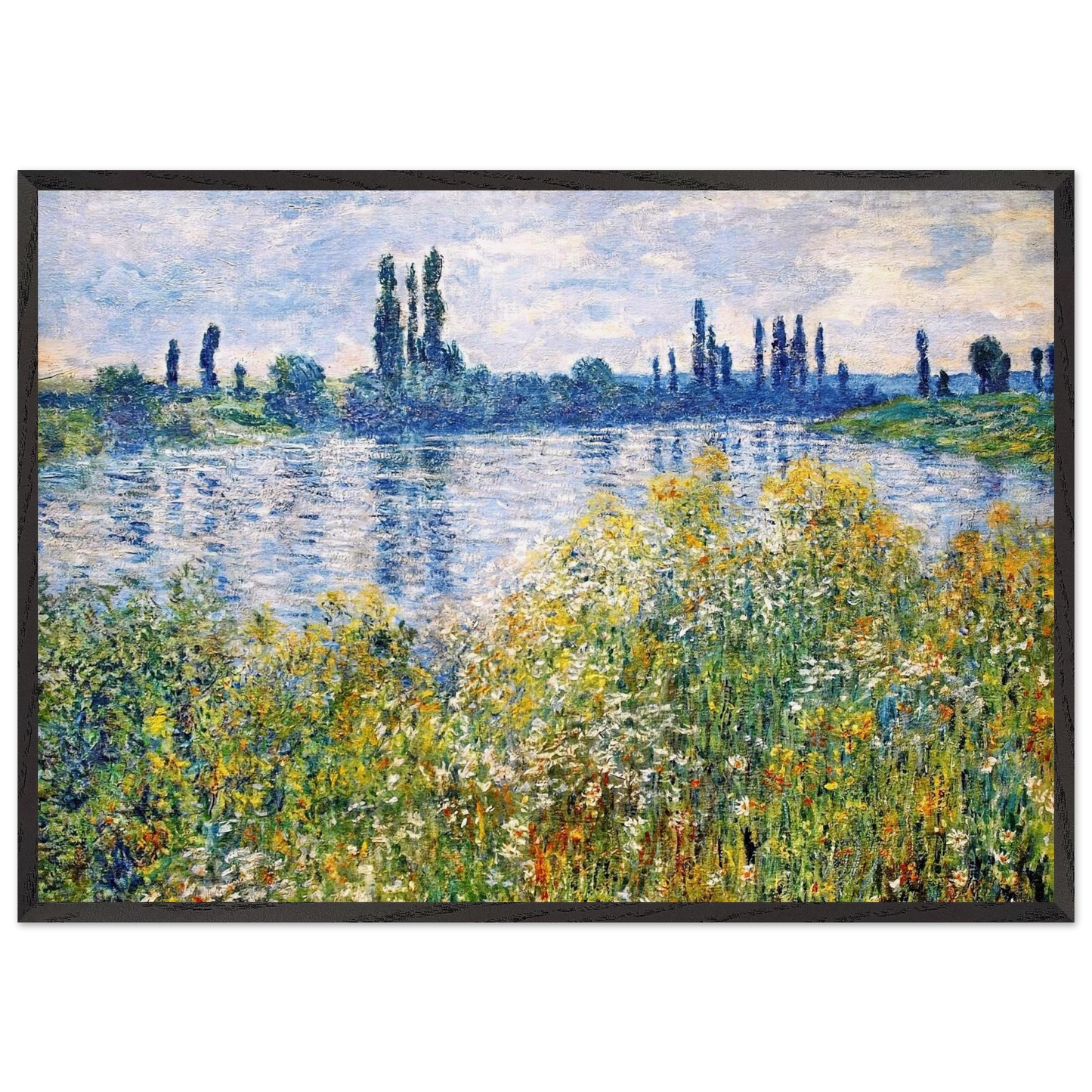 Flowers on the Banks of Seine near Vetheuil - claude monet 70x100 cm / 28x40 inches Framed Art Print – Black Wooden Frame