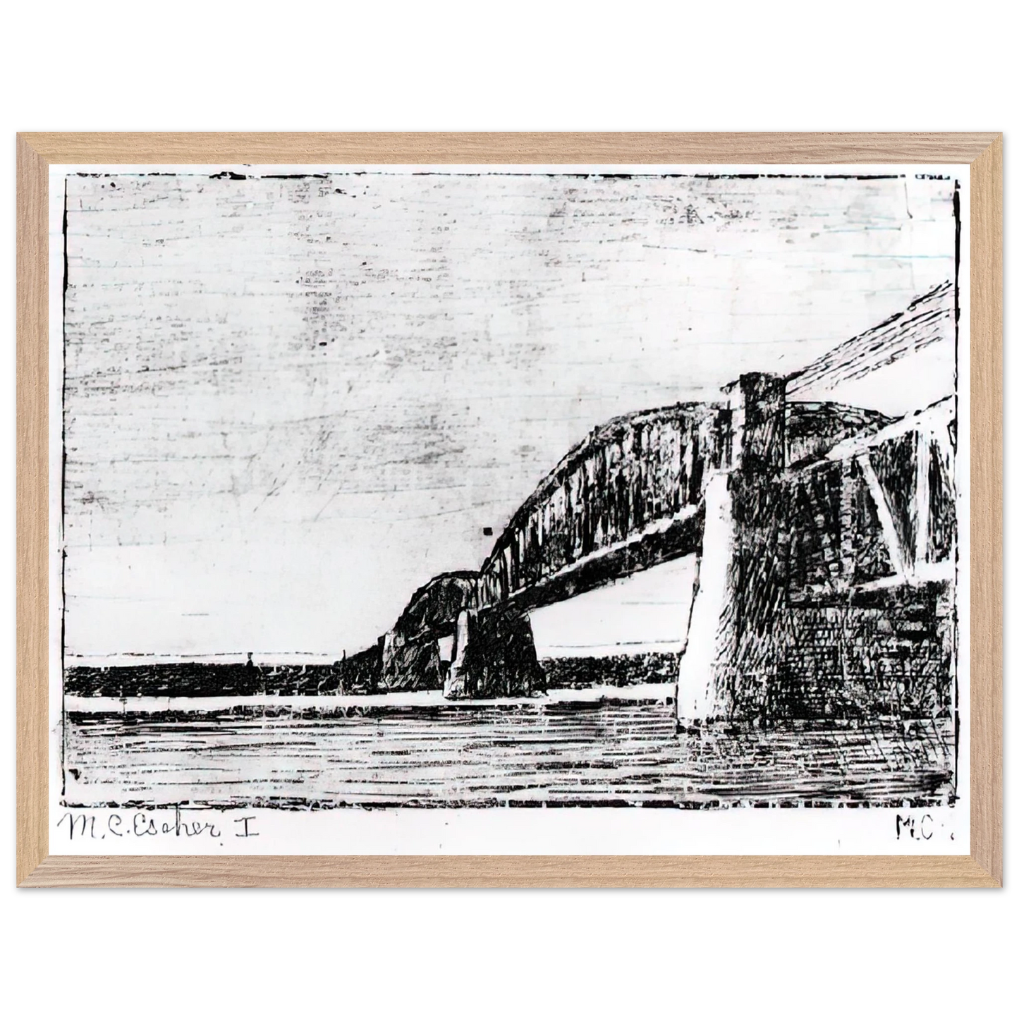 MC Escher - RAILWAY BRIDGE OOSTERBEEK Wall Art - 60x80 cm / 24x32 inches - Premium Wooden Framed Poster With Fine Art Paper - White frame