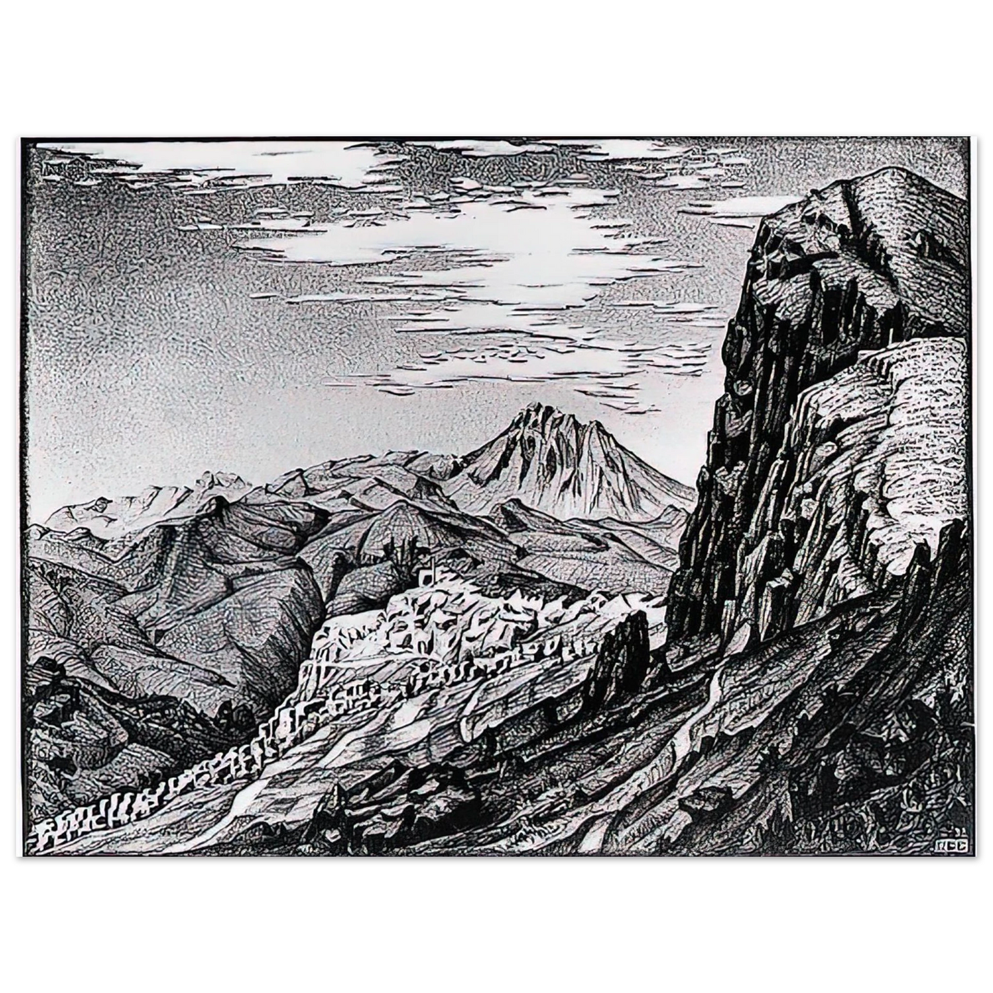 MC Escher - CALTAVUTURO IN THE MADONIE MOUNTAINS SICILY Wall Art - 60x80 cm / 24x32 inches - Premium Wooden Framed Poster With Fine Art Paper - Wood frame