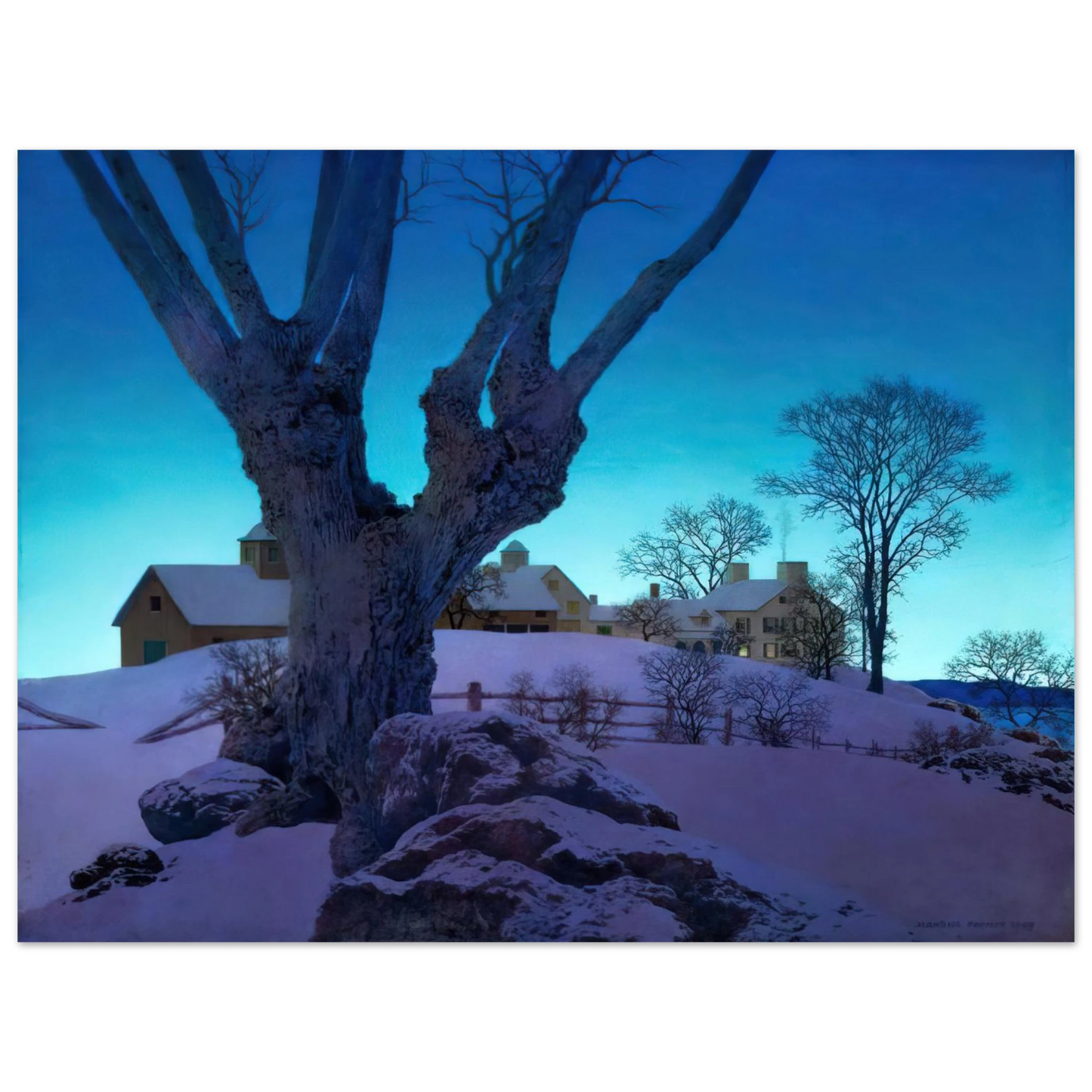 Maxfield Parrish - Hill Top Farm, Winter Wall Art - 30x40 cm / 12x16 inches - Premium Wooden Framed Poster With Fine Art Paper-canvas - White frame