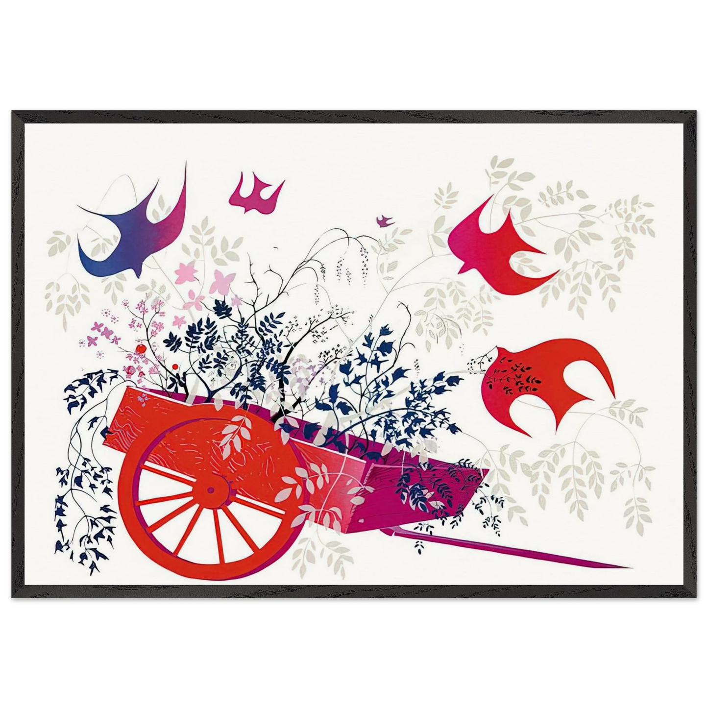 Red Wagon Foliage - Eyvind Earle 70x100 cm / 28x40 inches Framed Art Print – Black Wooden Frame