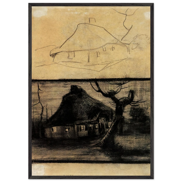 Two Studies of a Cottage - Vincent van Gogh 70x100 cm / 28x40 inches Framed Art Print – Black Wooden Frame