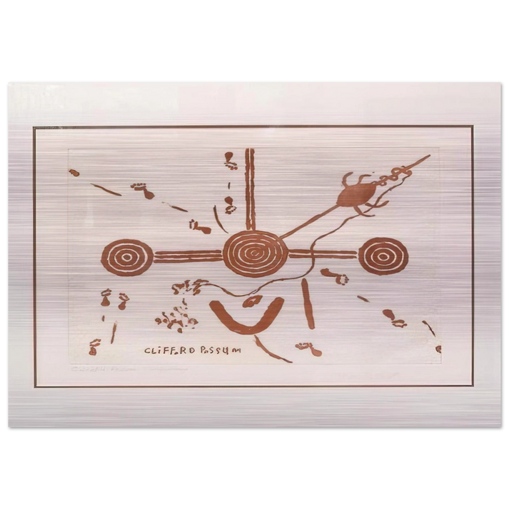 Ngarlu, Love Story - 1994 - Clifford Possum Tjapaltjarri Brushed Aluminum Print - 70x100 cm / 28x40 inches | Clifford Possum Tjapaltjarri Aluminum Print | Clifford Possum Tjapaltjarri Prints