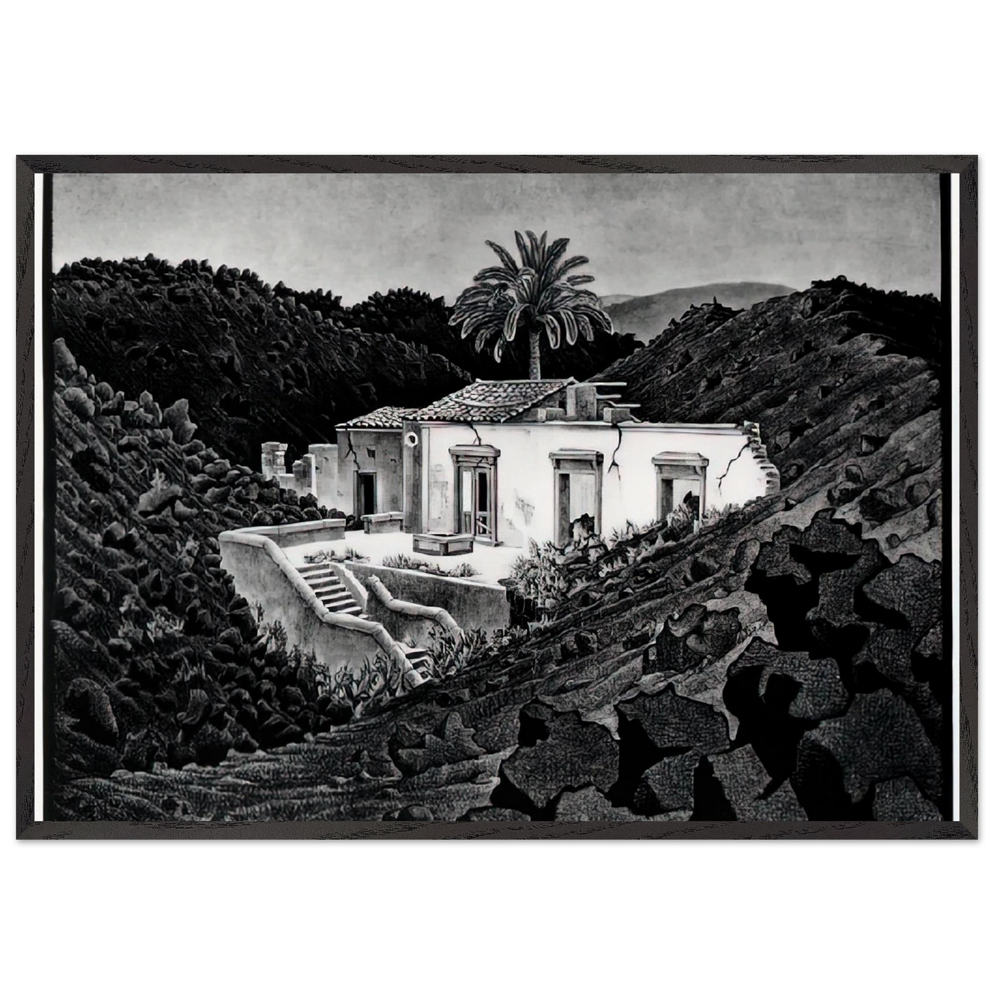 HOUSE IN THE LAVA NEAR NUNZIATA - MC Escher Framed Art Print – Black Wooden Frame - Default Title - -Framed Art Print