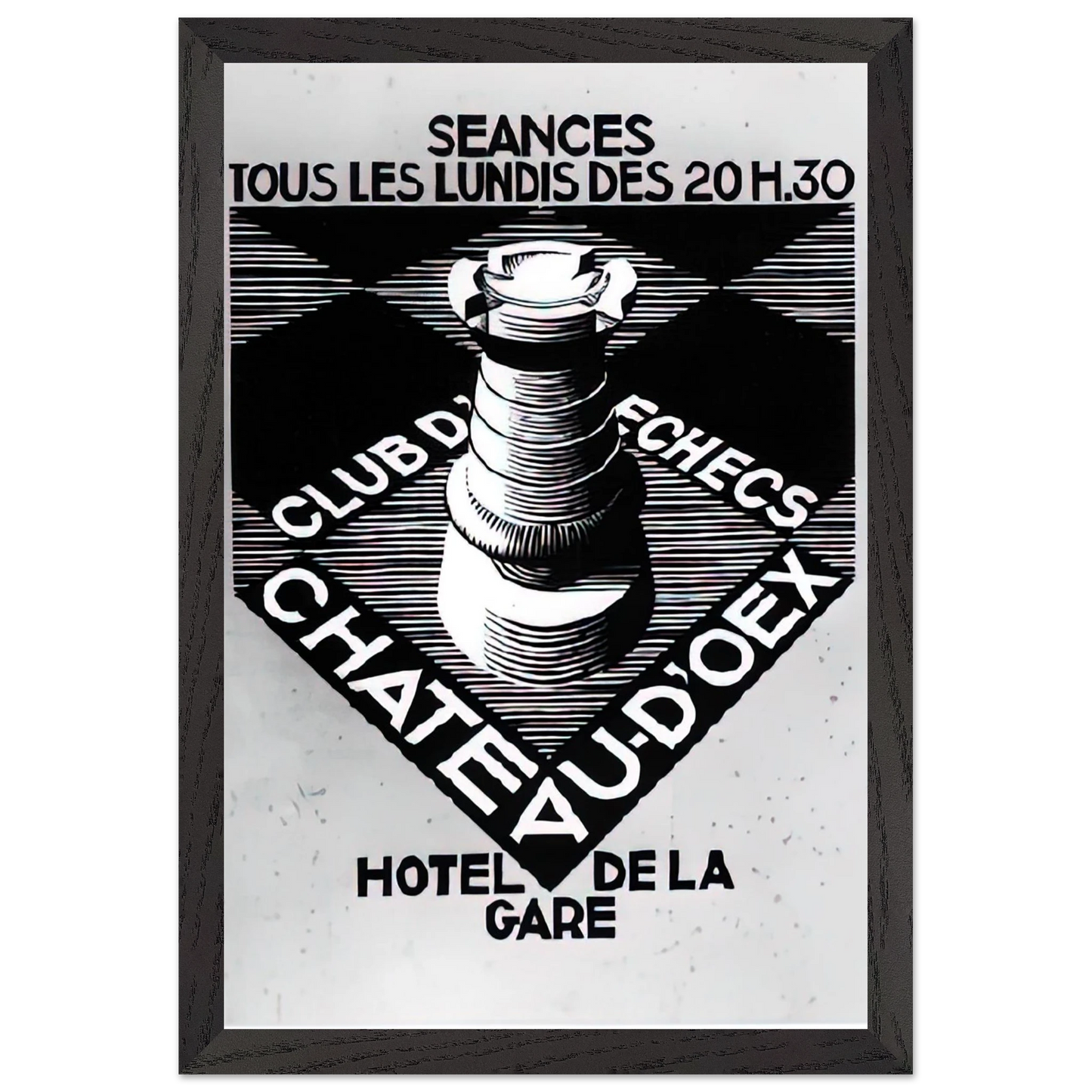 MC Escher - ADVERTISEMENT CHESS CLUB CHATEAU DOEX JULY 1936 1936 Wall Art - 60x80 cm / 24x32 inches - Premium Wooden Framed Poster With Fine Art Paper - White frame