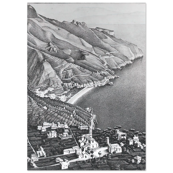 MC Escher - RAVELLO AND THE COAST OF AMALFI Wall Art - 21x29.7 cm / 8x12" - Premium Wooden Framed Poster With Fine Art Paper-canvas - White frame