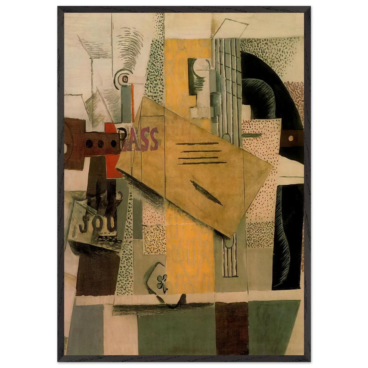 Clarinet bottle of bass newspaper ace of clubs - 1913 - Pablo Picasso 70x100 cm / 28x40 inches Framed Art Print – Black Wooden Frame