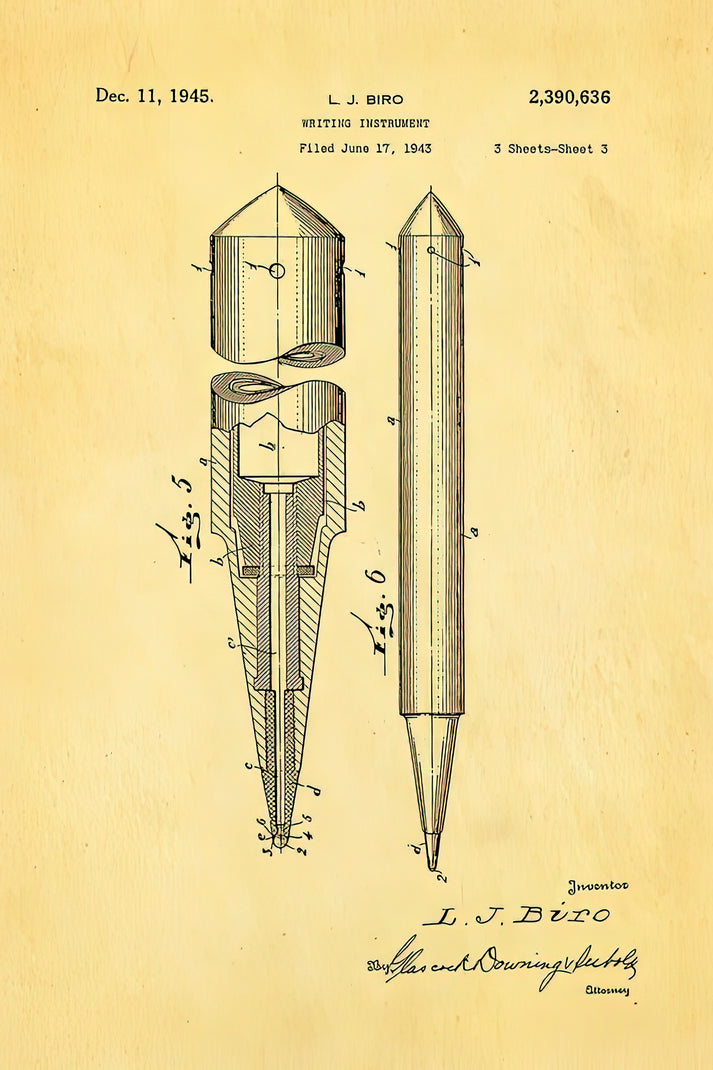 Biro Ballpoint Pen Patent Art Print | 1945 Design | RedKalion