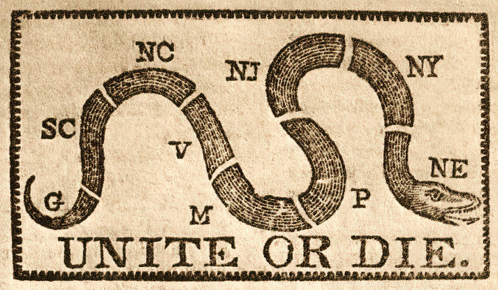 Unite or Die Art Print | Benjamin Franklin's 1774 Political Cartoon | RedKalion
