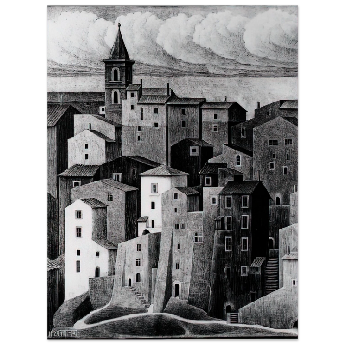 MC Escher - GENAZZANO ABRUZZI NOVEMBER 1929 1929 Wall Art - 60x80 cm / 24x32 inches - Premium Wooden Framed Poster With Fine Art Paper - White frame