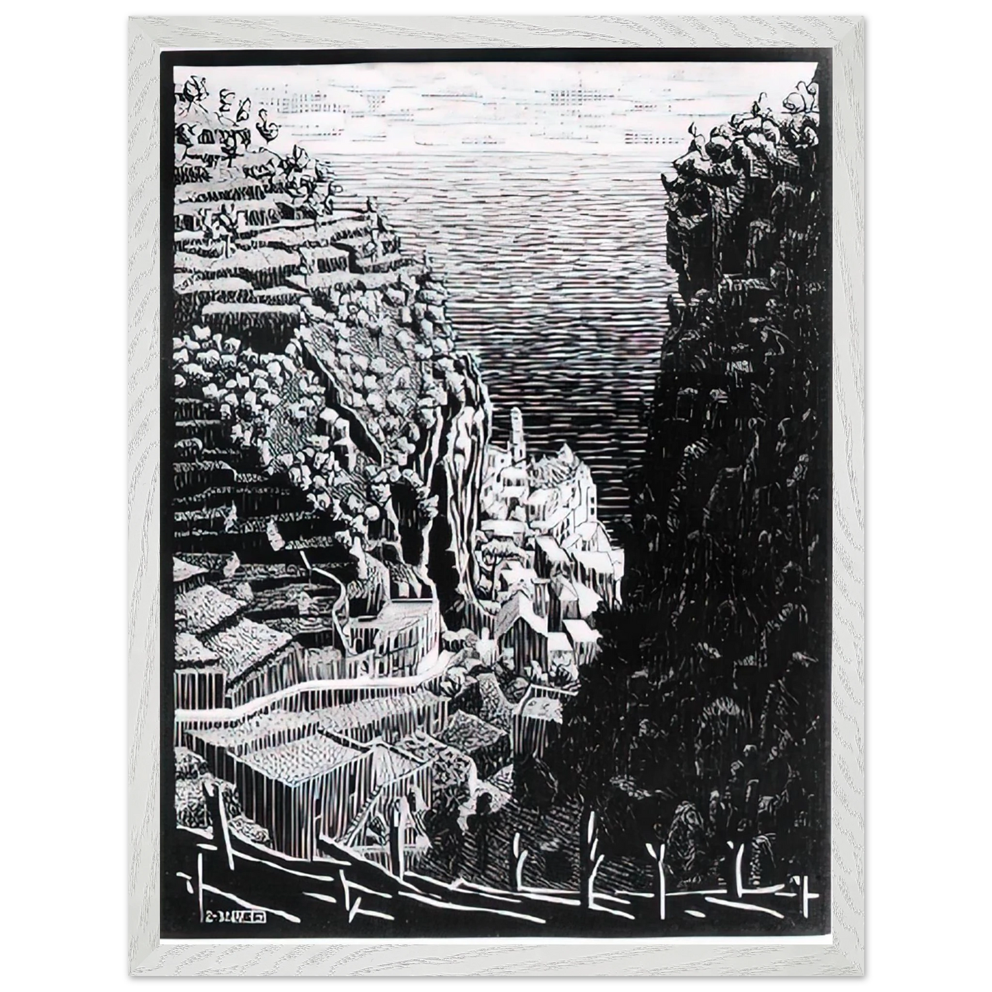 MC Escher - ATRANI COAST OF AMALFI 1 Wall Art - 60x80 cm / 24x32 inches - Premium Wooden Framed Poster With Fine Art Paper-canvas - Wood frame