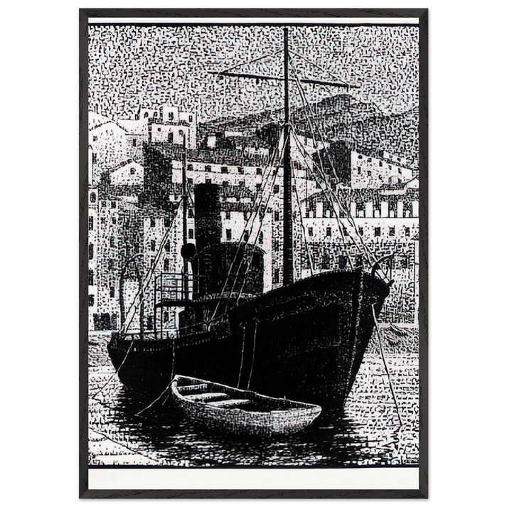TUGBOAT OLD HARBOR OF BASTIA JANUARY 1934 1934 - MC Escher 70x100 cm / 28x40 inches Framed Art Print – Black Wooden Frame | Maurits Cornelis Escher Prints