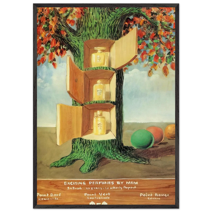 POSTER EXCITING PERFUMES BY MEM 1946 - Rene Magritte 70x100 cm / 28x40 inches Framed Art Print – Black Wooden Frame