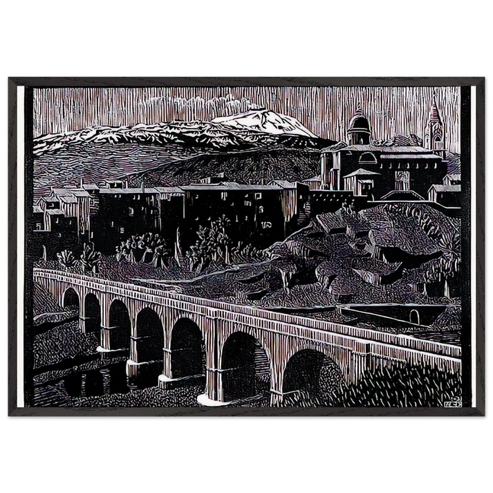 RANDAZZO AND MOUNT ETNA SICILY JANUARY 1933 1933 - MC Escher 70x100 cm / 28x40 inches Framed Art Print – Black Wooden Frame | Maurits Cornelis Escher Prints