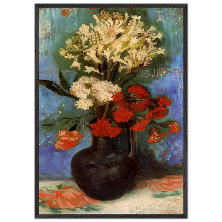 Vase with Carnations and Other Flowers - Vincent van Gogh 70x100 cm / 28x40 inches Framed Art Print – Black Wooden Frame