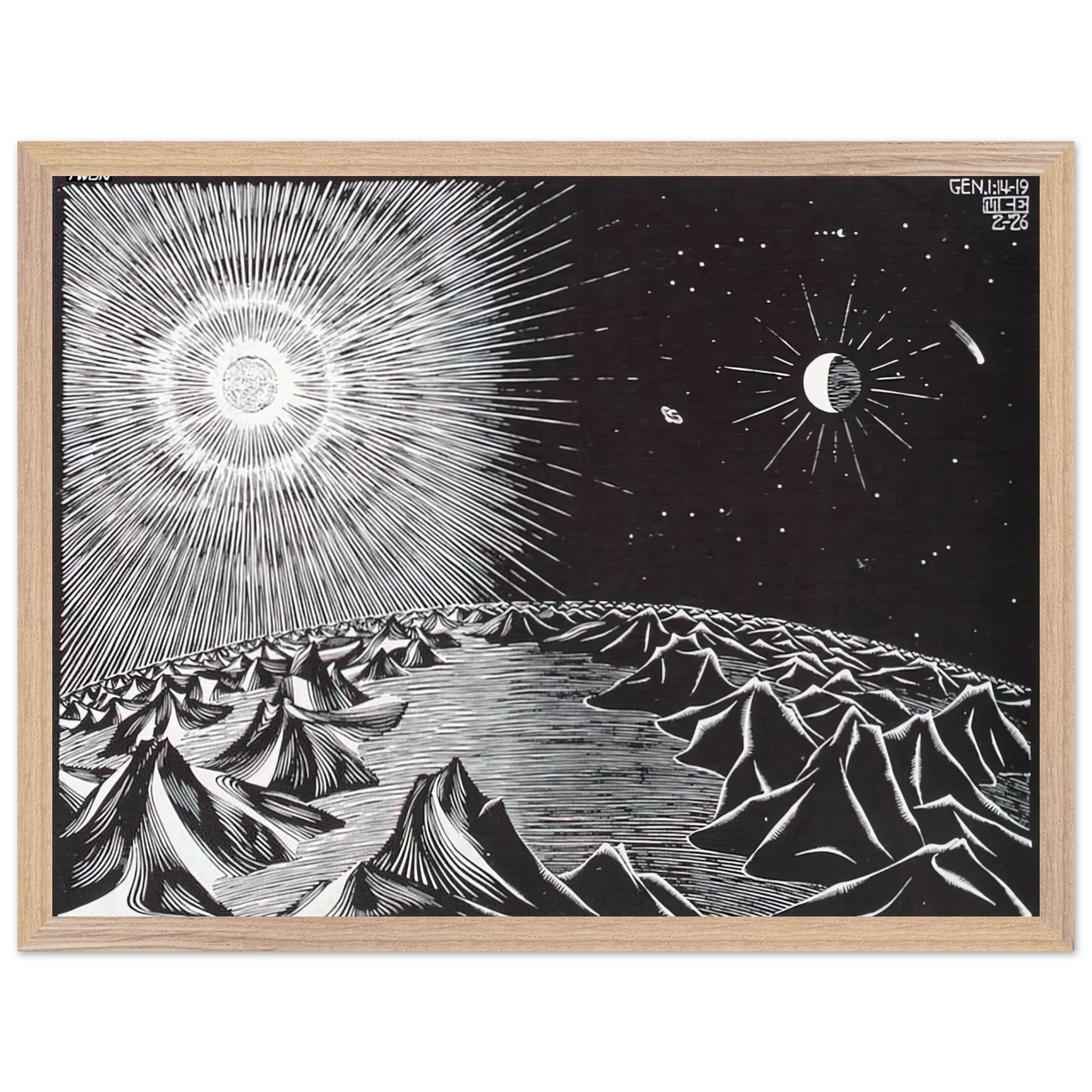 MC Escher - THE 4TH DAY OF THE CREATION Wall Art - 30x40 cm / 12x16 inches - Premium Wooden Framed Poster With Fine Art Paper - Black frame