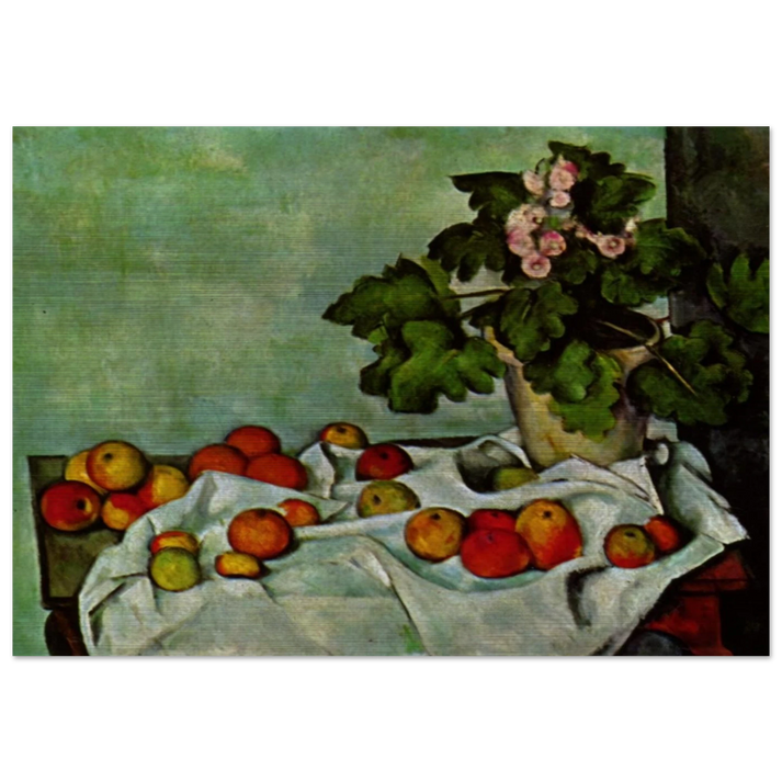 Still Life with Apples and a Pot of Primroses - Paul Cézanne Brushed Aluminum Print - 70x100 cm / 28x40 inches | Paul Cézanne Aluminum Print | Paul Cézanne Prints