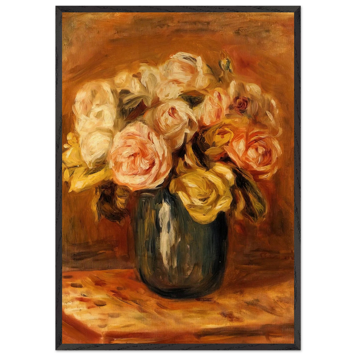 Roses in a Blue Vase - Pierre-Auguste Renoir 70x100 cm / 28x40 inches Framed Art Print – Black Wooden Frame