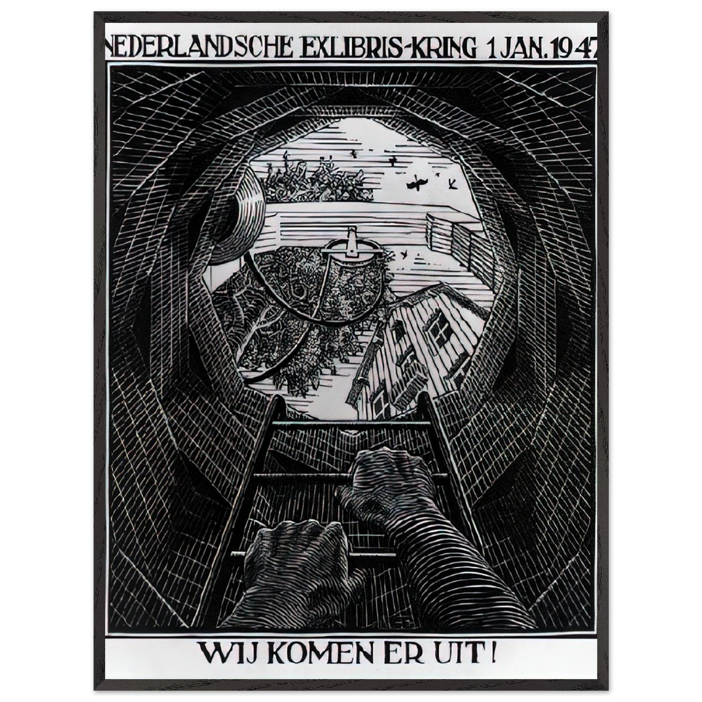 MC Escher - NEW YEAR S GREETING CARD Wall Art - 30x40 cm / 12x16 inches - Premium Wooden Framed Poster With Fine Art Paper - Black frame