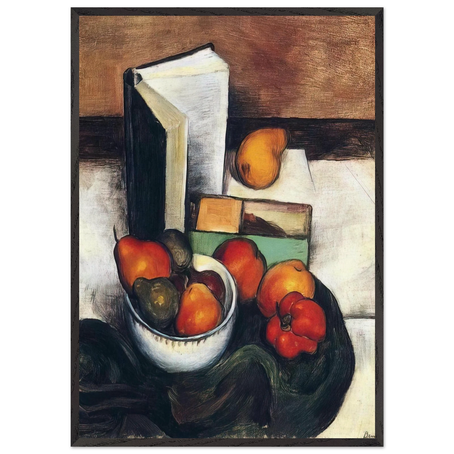 STILL LIFE WITH FRUIT AND VEGETABLES - Thomas Hart Benton Framed Art Print – Black Wooden Frame - Default Title - -Framed Art Print