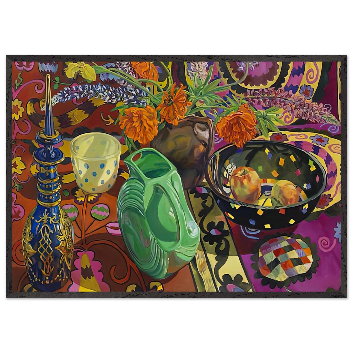 BLUE DECANTER POLKA DOT BOWL SUZANI 2009 - Janet Fish 70x100 cm / 28x40 inches Framed Art Print – Black Wooden Frame