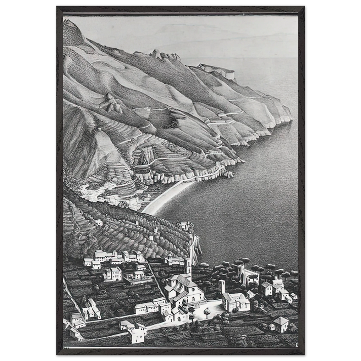 RAVELLO AND THE COAST OF AMALFI - MC Escher 70x100 cm / 28x40 inches Framed Art Print – Black Wooden Frame | Maurits Cornelis Escher Prints