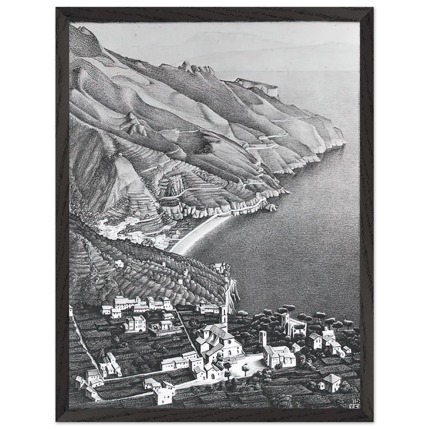 MC Escher - RAVELLO AND THE COAST OF AMALFI Wall Art - 30x40 cm / 12x16 inches - Premium Wooden Framed Poster With Fine Art Paper - Wood frame