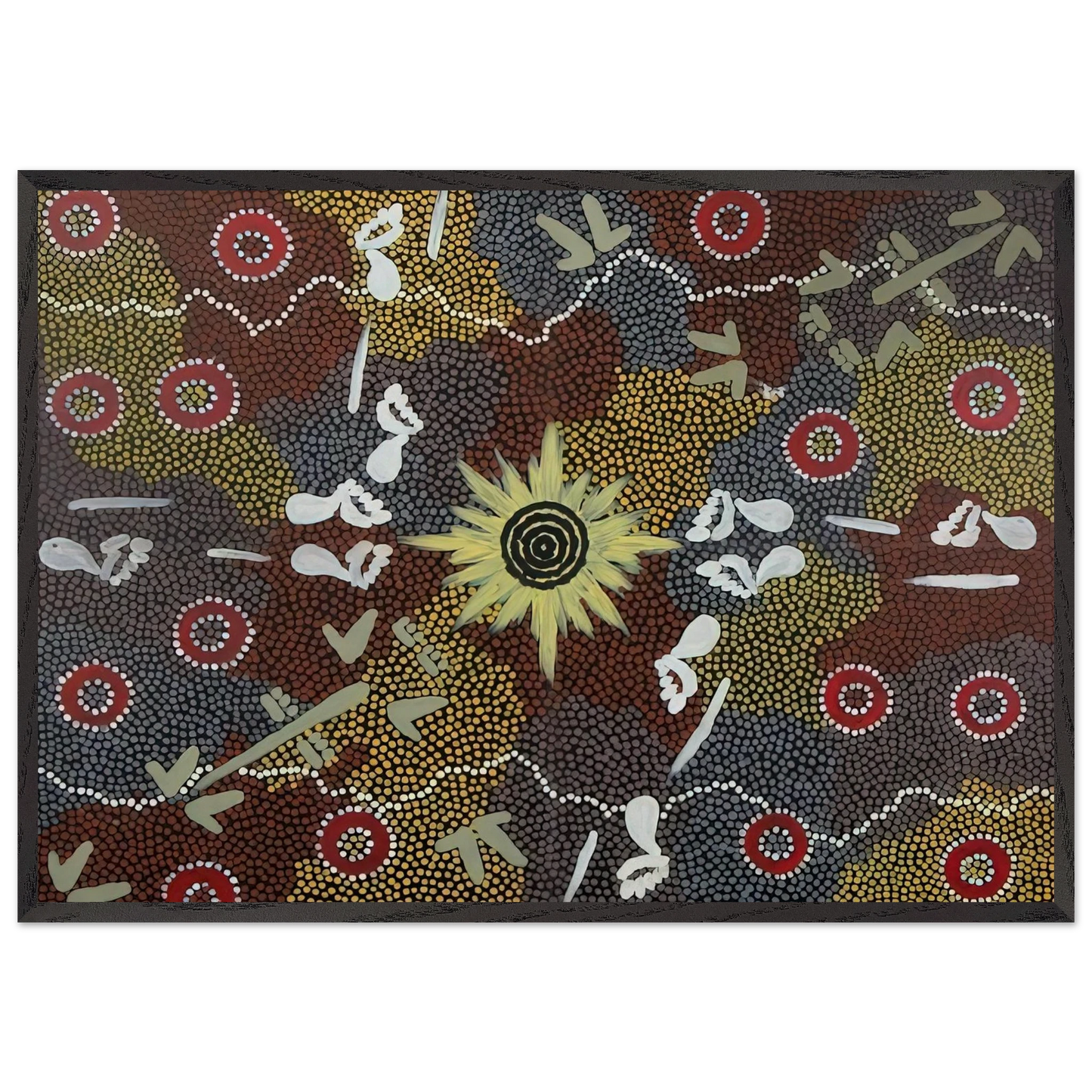 Frog and Kangaroo Dreaming - Native Art - Clifford Possum Tjapaltjarri 70x100 cm / 28x40 inches Framed Art Print – Black Wooden Frame