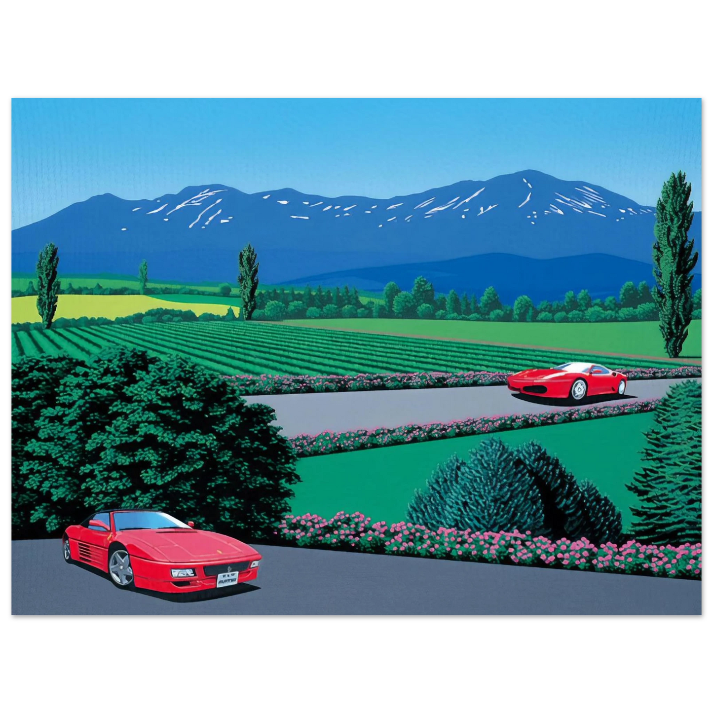 Hiroshi Nagai - Ferraris traversing the lands Wall Art - 60x80 cm / 24x32 inches - Premium Wooden Framed Poster With Fine Art Paper - Wood frame