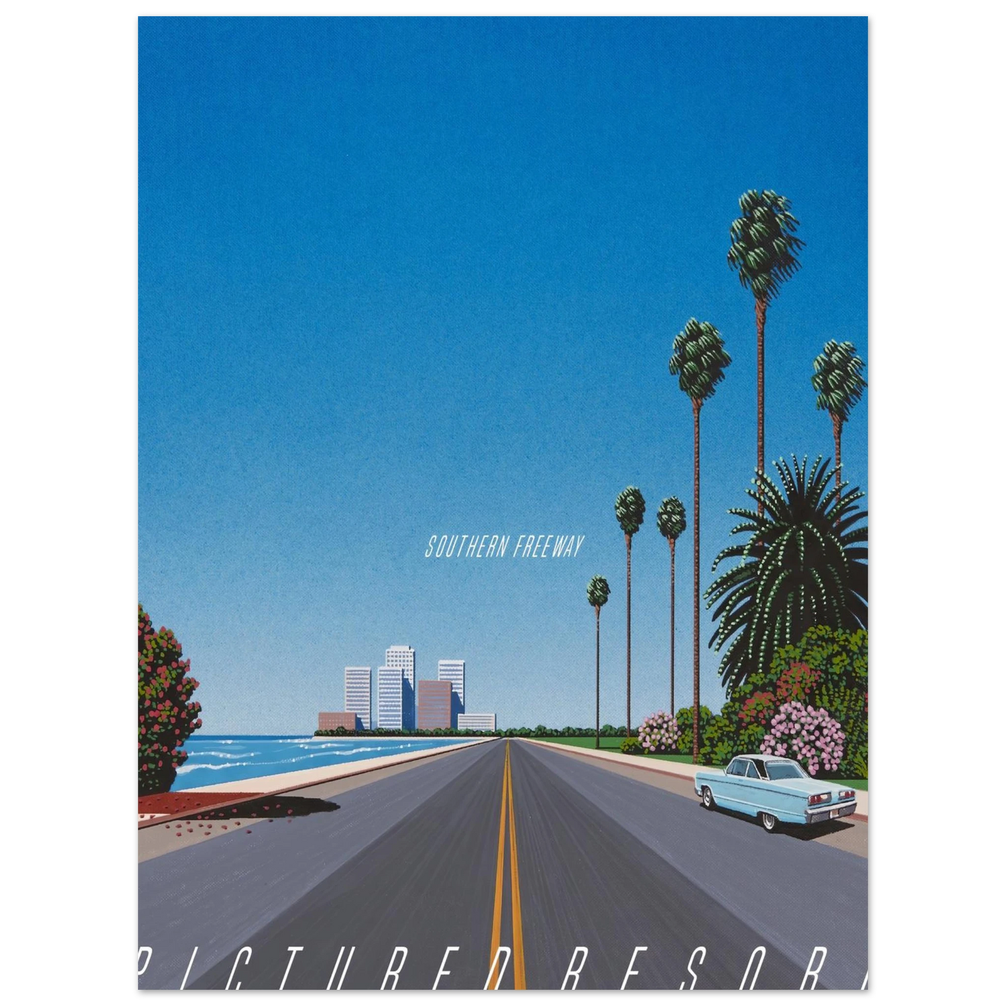 Hiroshi Nagai - Southern Freeway Pictured Resort Wall Art - 60x80 cm / 24x32 inches - Premium Wooden Framed Poster With Fine Art Paper - Wood frame