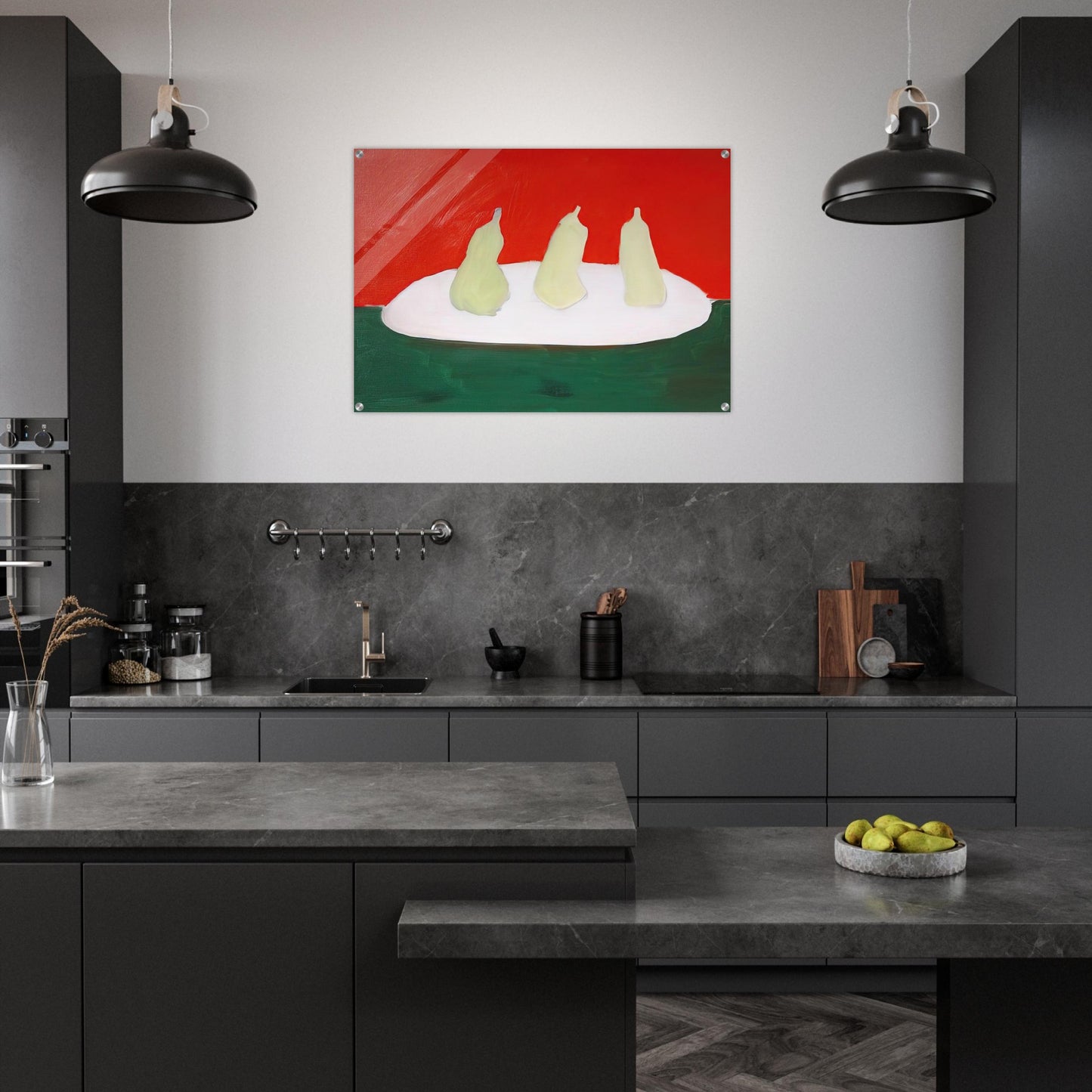 Nature morte, poires, fond vert et orange - Art Informel - Nicolas de Stael Acrylic Print - 70x100 cm / 28x40″ inches