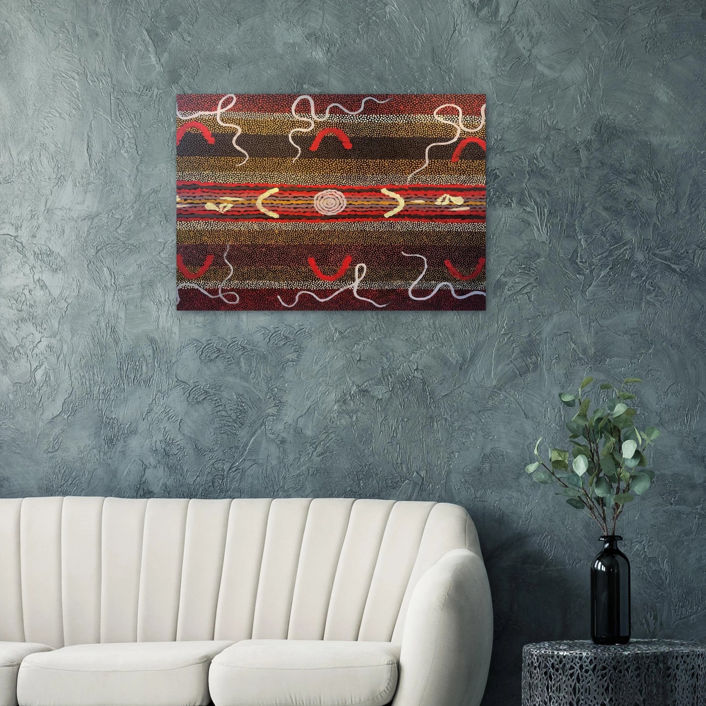 Men's Maliyarre Initiation Ceremony - 1999 - Clifford Possum Tjapaltjarri Brushed Aluminum Print - 70x100 cm / 28x40 inches | Clifford Possum Tjapaltjarri Aluminum Print | Clifford Possum Tjapaltjarri Prints