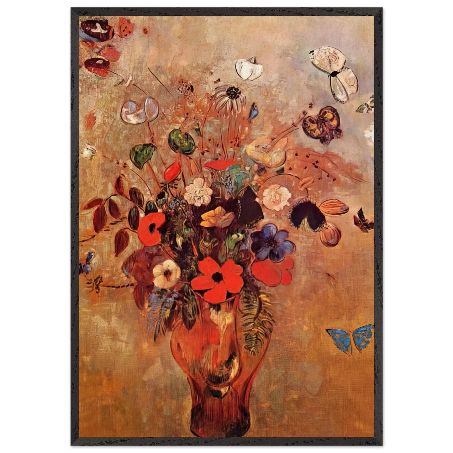 VASE WITH FLOWERS AND BUTTERFLIES - Odilon Redon 70x100 cm / 28x40 inches Framed Art Print – Black Wooden Frame