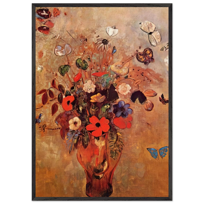VASE WITH FLOWERS AND BUTTERFLIES - Odilon Redon 70x100 cm / 28x40 inches Framed Art Print – Black Wooden Frame