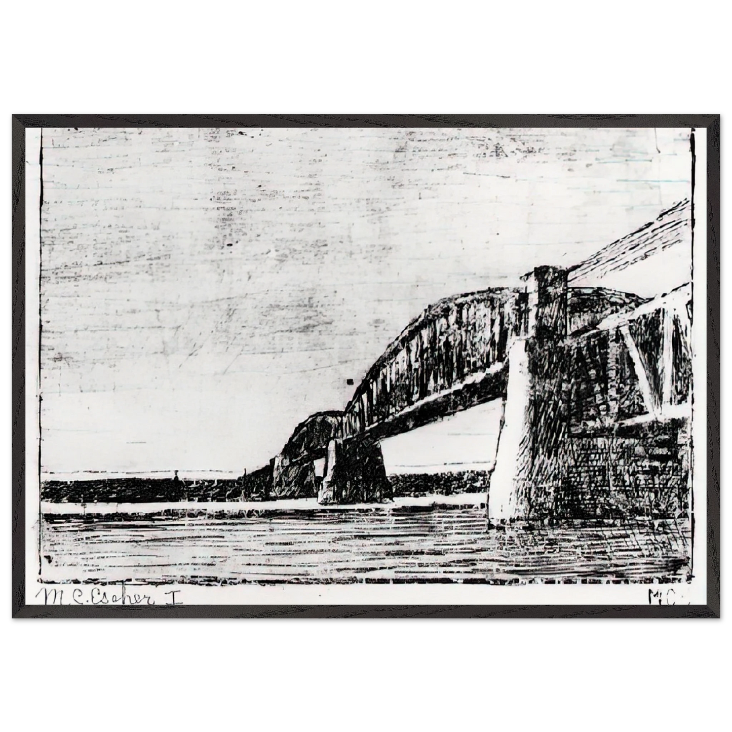 RAILWAY BRIDGE OOSTERBEEK - MC Escher Framed Art Print – Black Wooden Frame - Default Title - -Framed Art Print