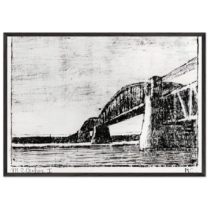 RAILWAY BRIDGE OOSTERBEEK - MC Escher 70x100 cm / 28x40 inches Framed Art Print – Black Wooden Frame | Maurits Cornelis Escher Prints