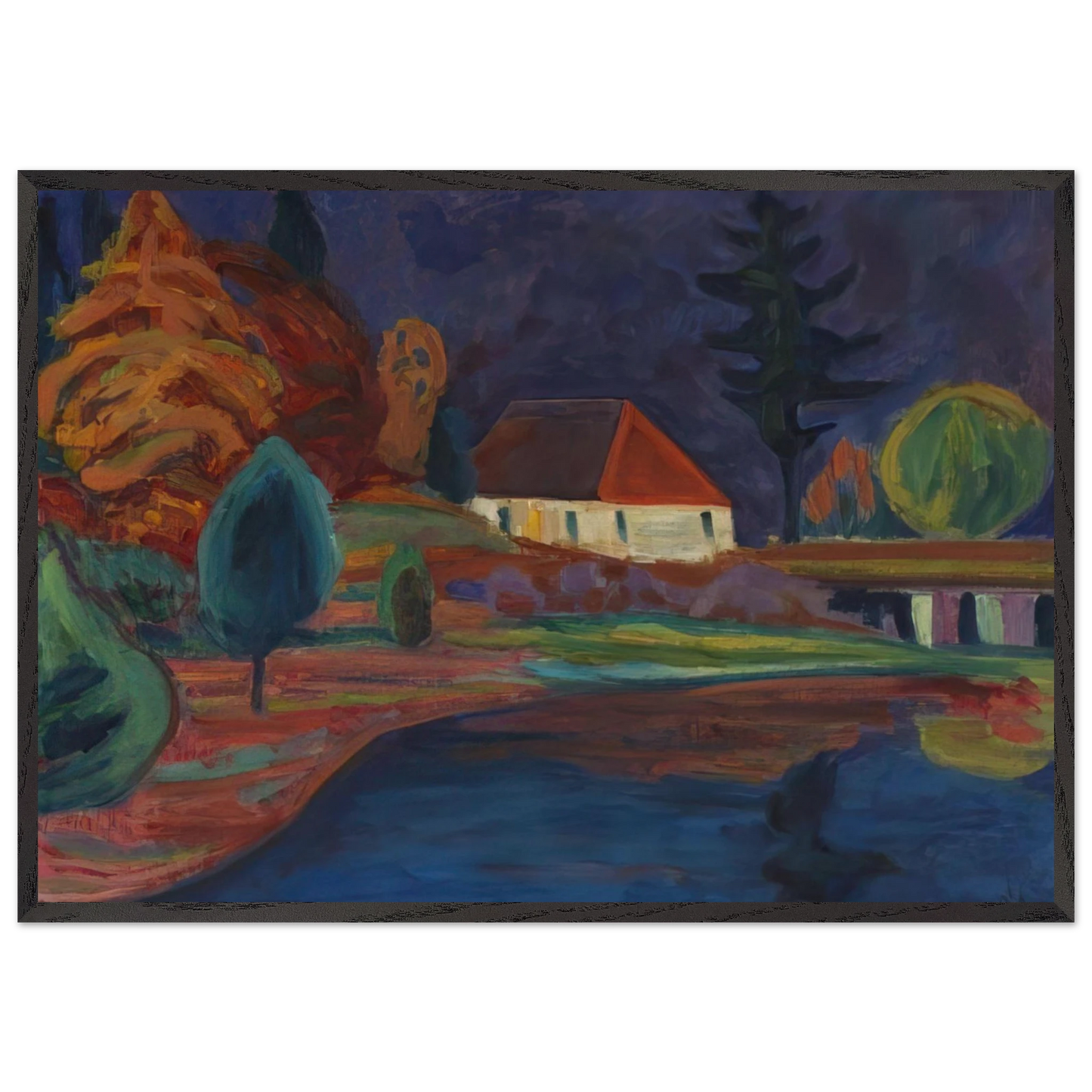 LANDSCHAFT MIT HAUS IN OBERAU 1908 - Gabriele Munter 70x100 cm / 28x40 inches Framed Art Print – Black Wooden Frame