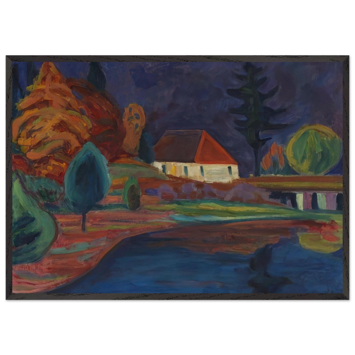 LANDSCHAFT MIT HAUS IN OBERAU 1908 - Gabriele Munter 70x100 cm / 28x40 inches Framed Art Print – Black Wooden Frame