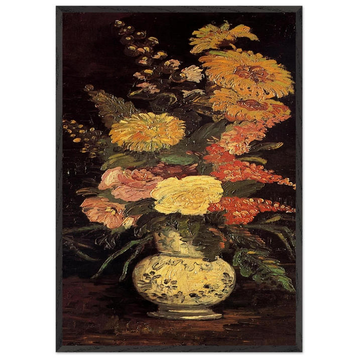 Vase with Asters Salvia and Other Flowers - Vincent van Gogh 70x100 cm / 28x40 inches Framed Art Print – Black Wooden Frame