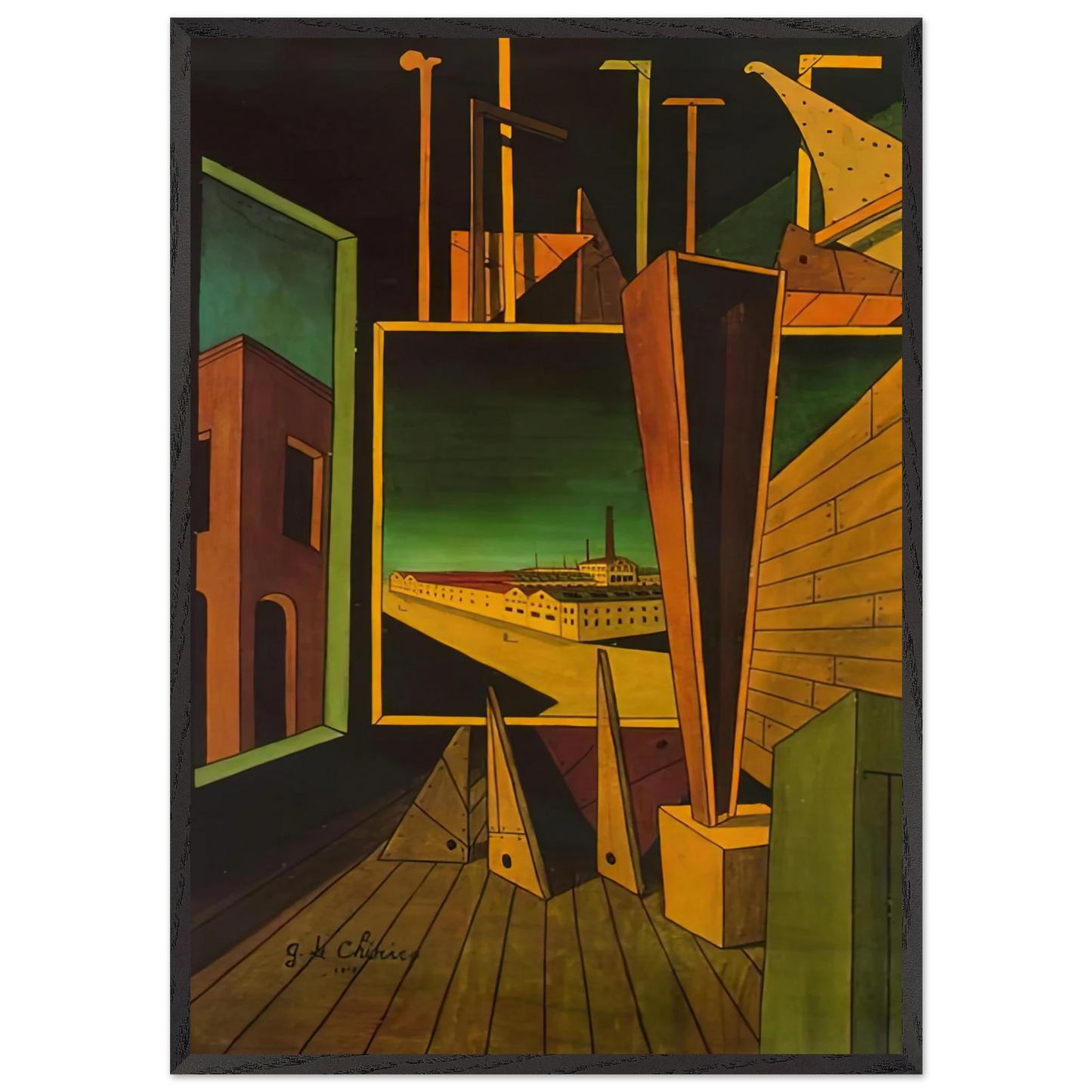 GEOMETRIC COMPOSITION WITH FACTORY LANDSCAPE 1917 - Giorgio de Chirico 70x100 cm / 28x40 inches Framed Art Print – Black Wooden Frame