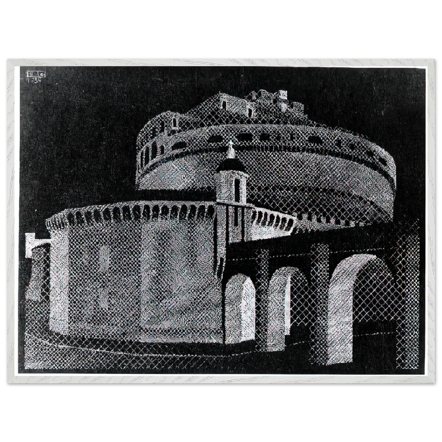 MC Escher - NOCTURNAL ROME CASTEL SANT ANGELO Wall Art - 60x80 cm / 24x32 inches - Premium Wooden Framed Poster With Fine Art Paper - White frame