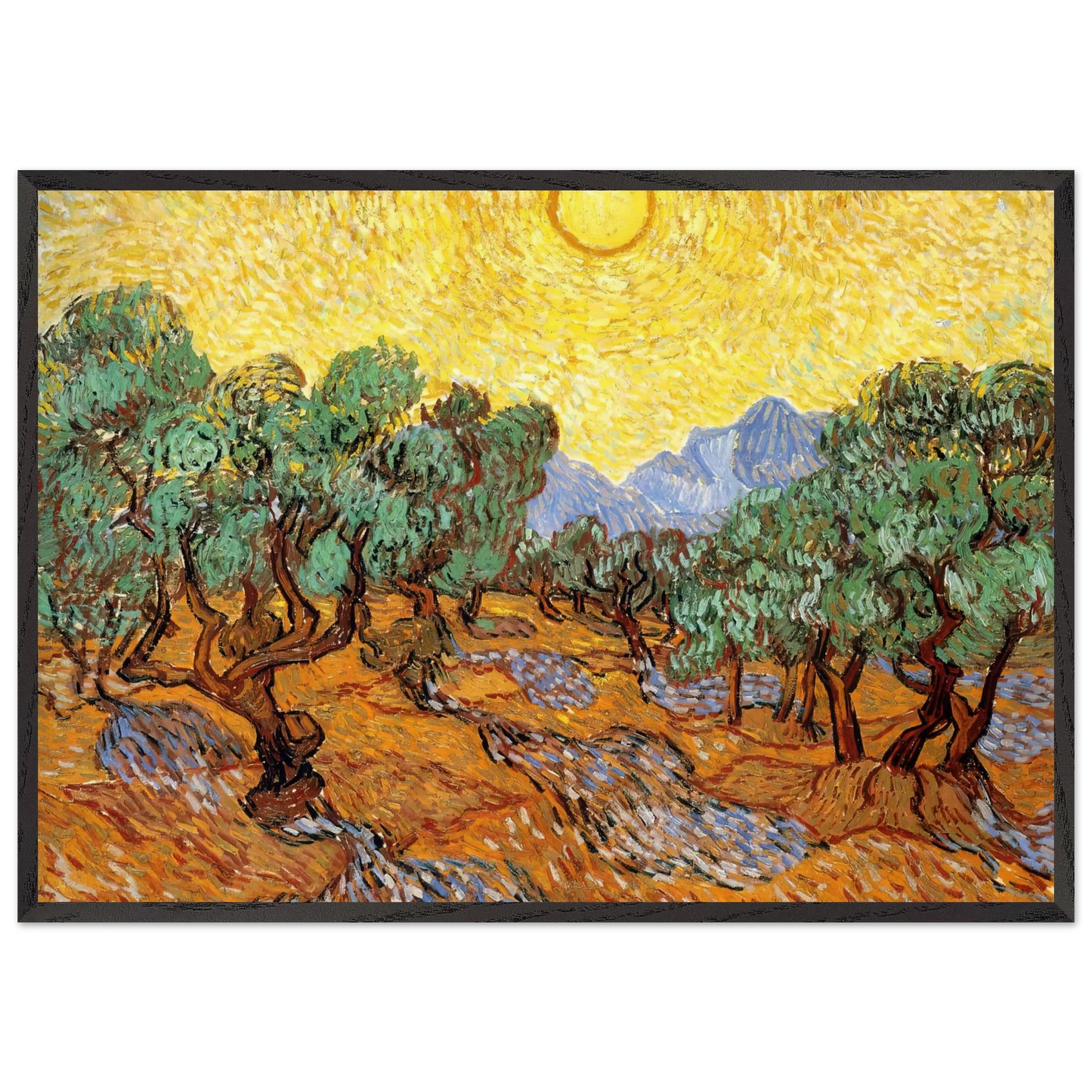 Olive Trees with Yellow Sky and Sun - Vincent van Gogh Framed Art Print – Black Wooden Frame - Default Title - -Framed Art Print
