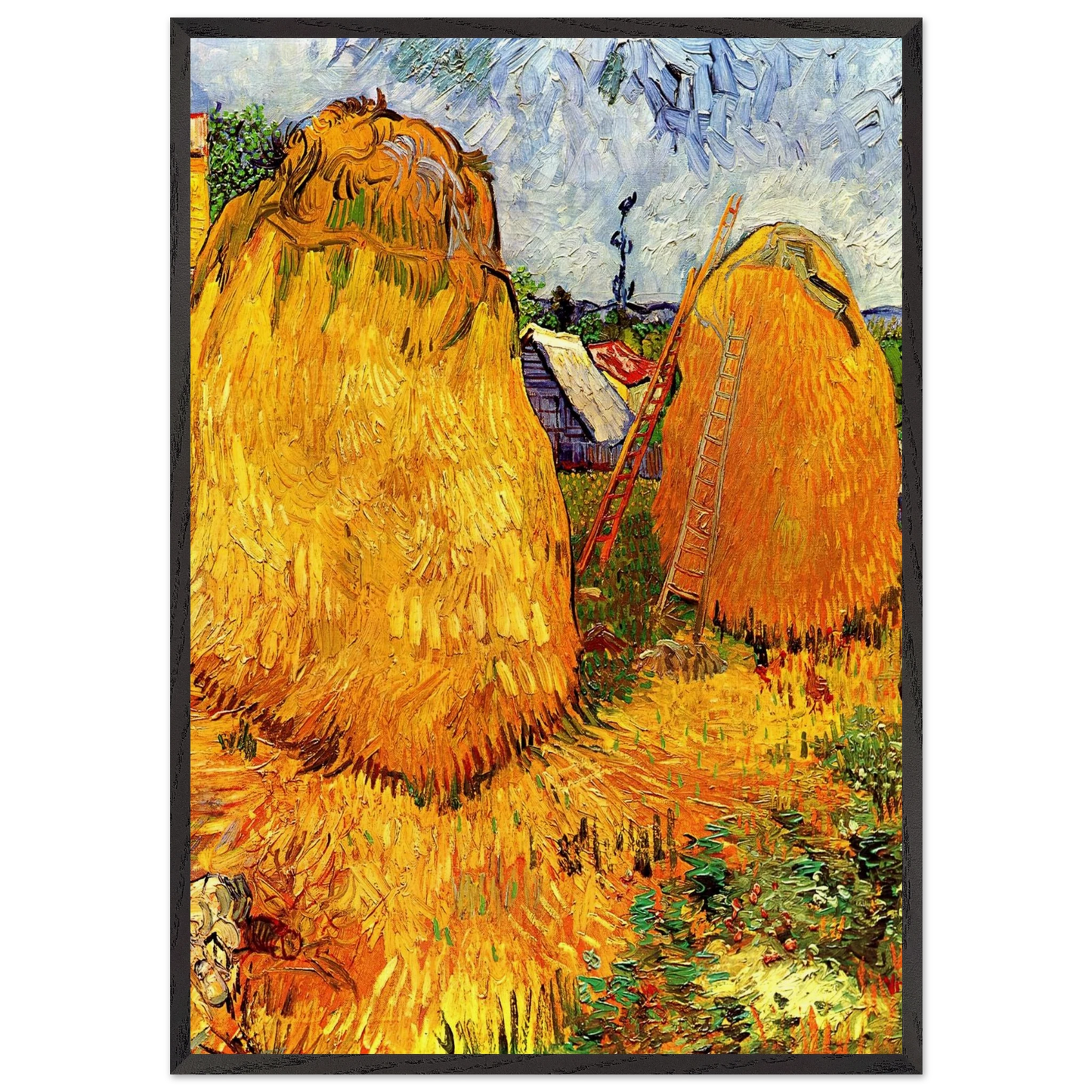Haystacks in Provence - Vincent van Gogh Framed Art Print – Black Wooden Frame - Default Title - -Framed Art Print