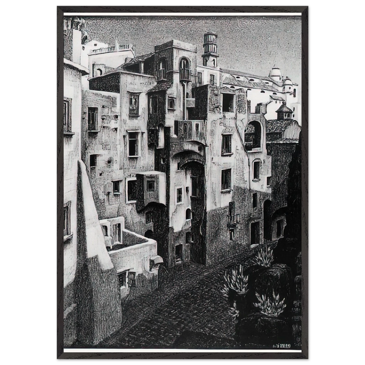 DILAPIDATED HOUSES IN ATRANI 1931 - MC Escher 70x100 cm / 28x40 inches Framed Art Print – Black Wooden Frame | Maurits Cornelis Escher Prints